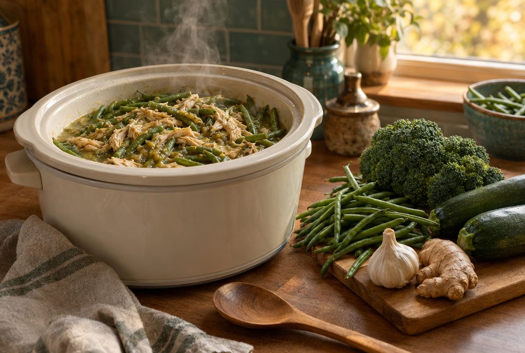 Crockpot dinner with chicken, salsa verde and green beans